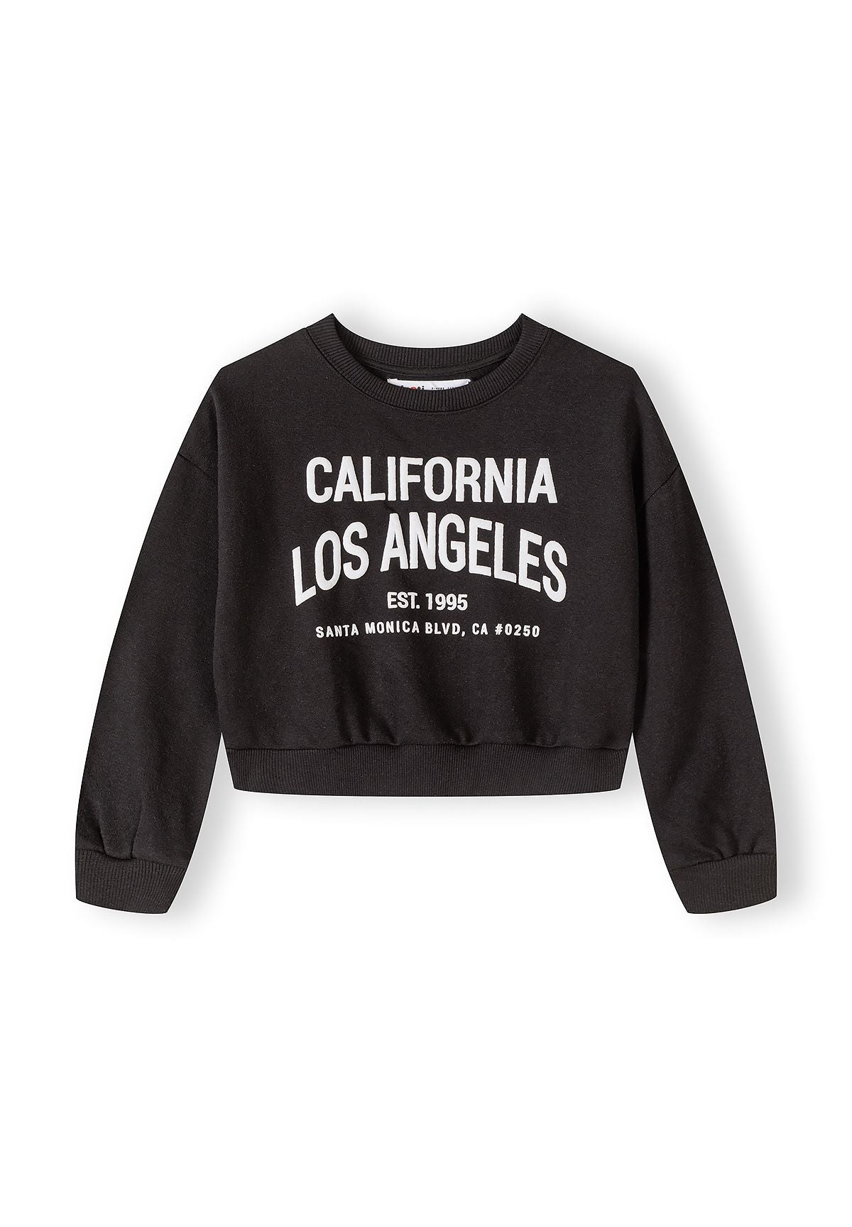 Black cropped sweatshirt with California print, crew neckline and long sleeves.
