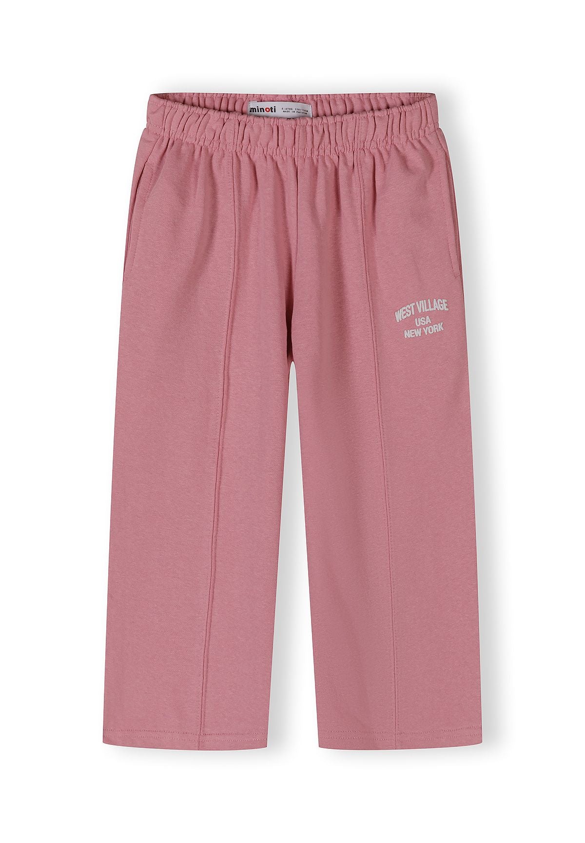 Girls pink wide-leg trousers with elastic waistband and side pockets, front view.