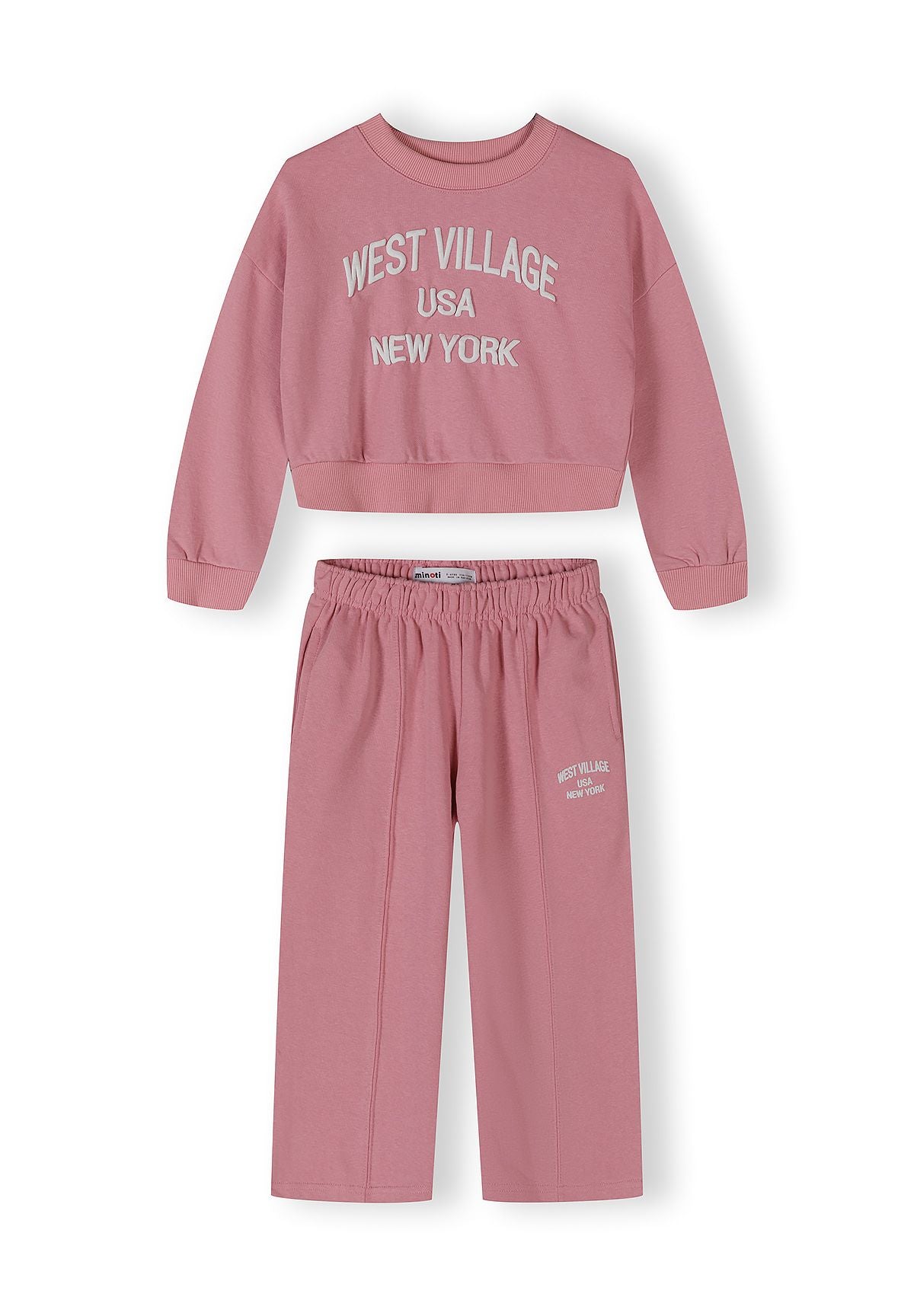 Girls pink wide-leg jogging suit with cropped sweatshirt and elastic waistband trousers.