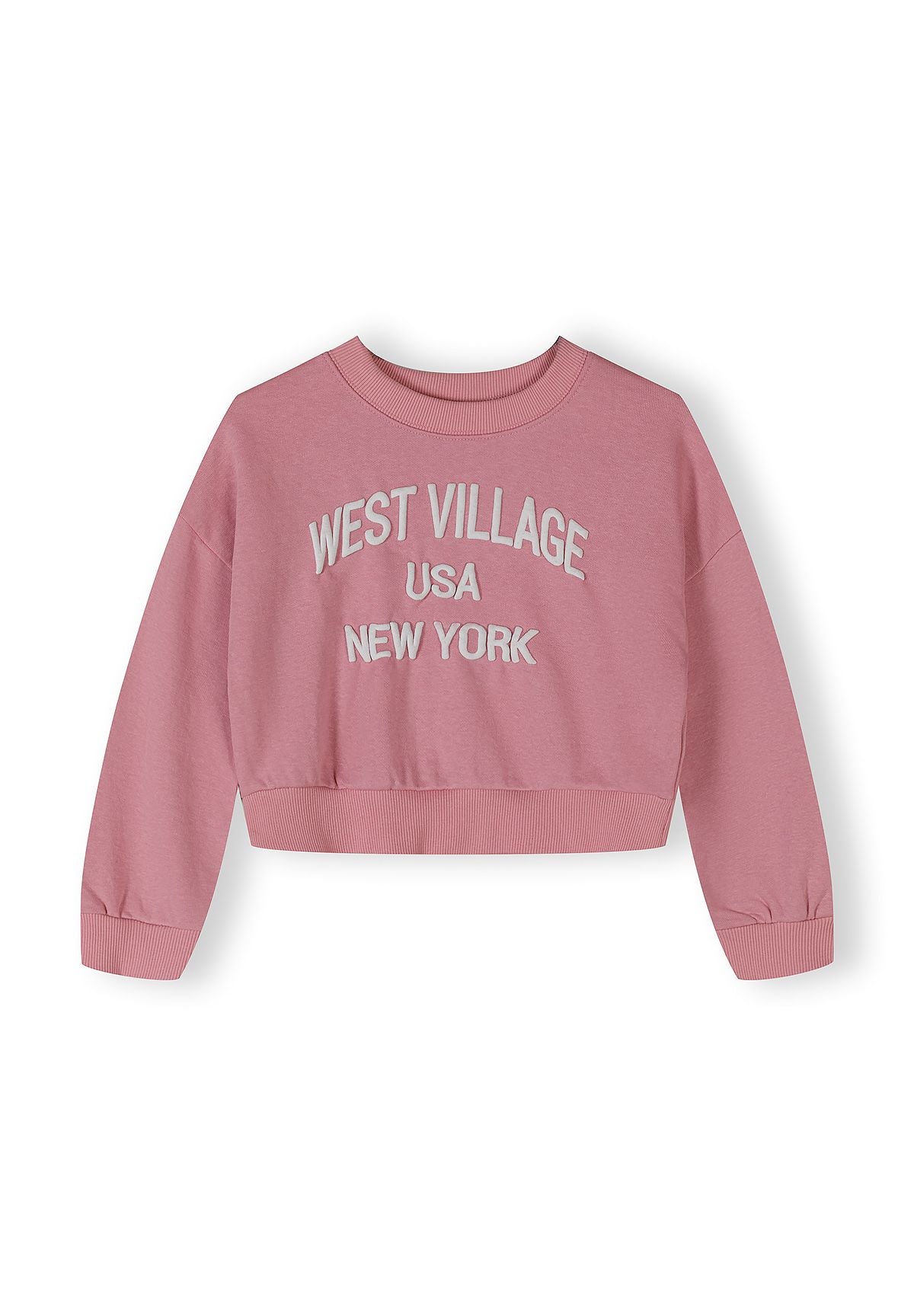 Girls pink cropped sweatshirt with 'WEST VILLAGE' print and ribbed cuffs.