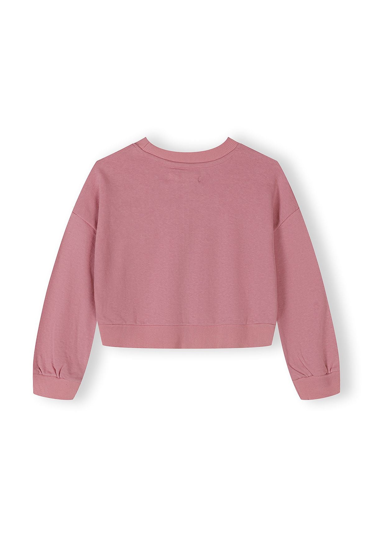 Girls pink cropped sweatshirt with ribbed cuffs and neckline, back view.