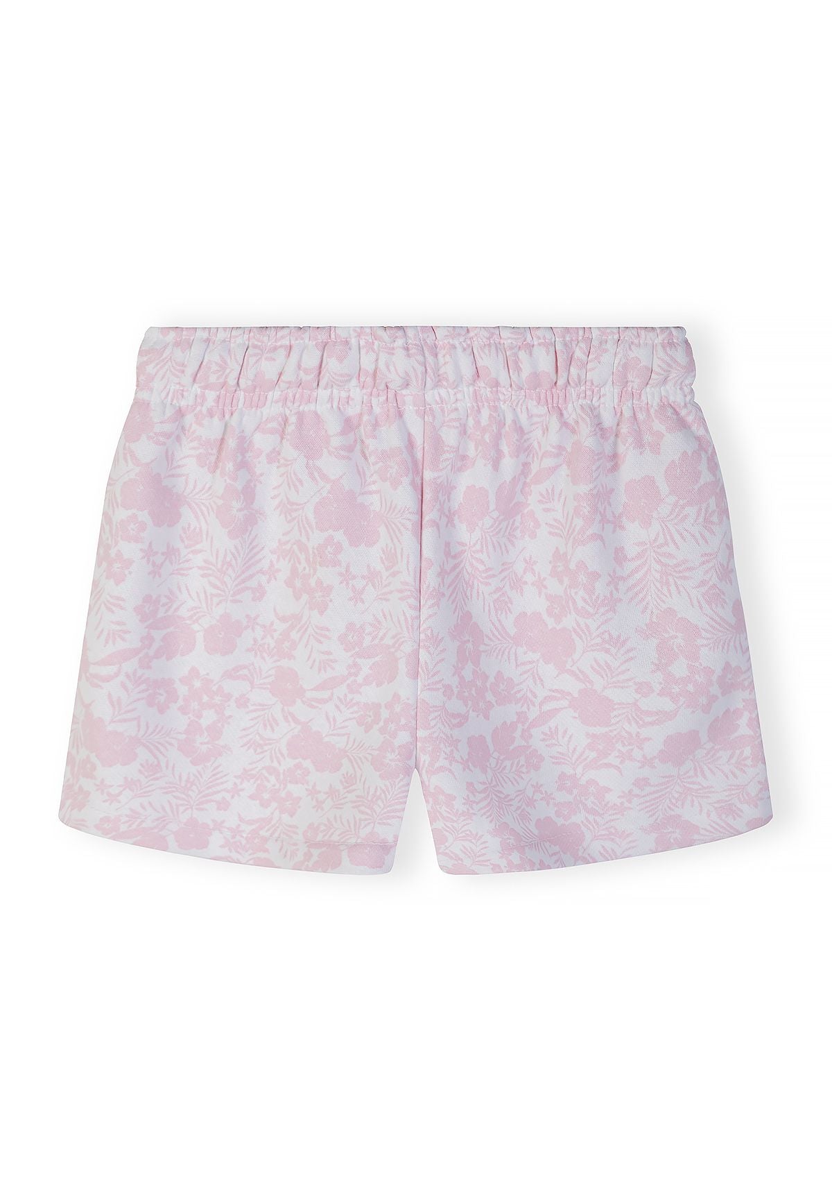 Back view of girls' white shorts with pink floral embroidery and elastic waistband.
