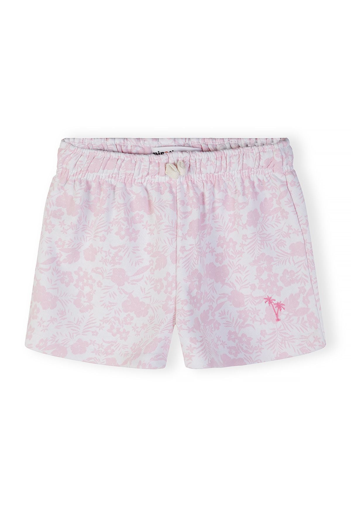 Girls white shorts with pink tropical embroidery, front view, elastic waistband.