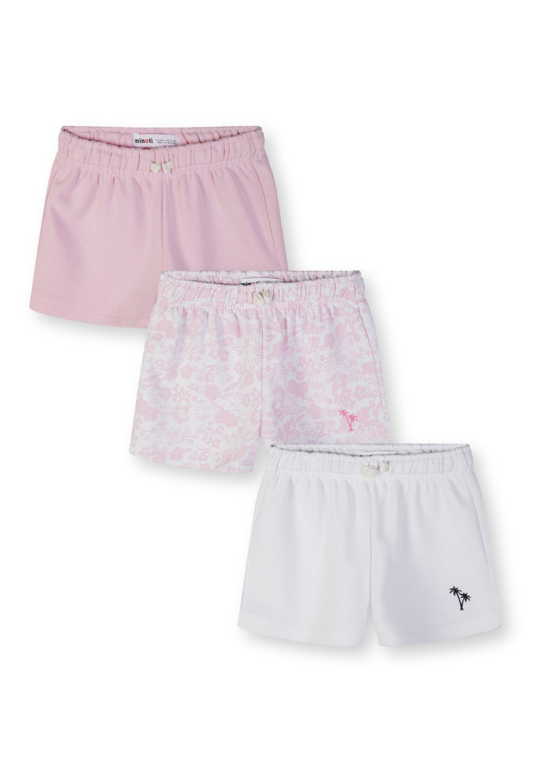 Girls' white and pink cotton blend shorts with elastic waistband and side pockets.