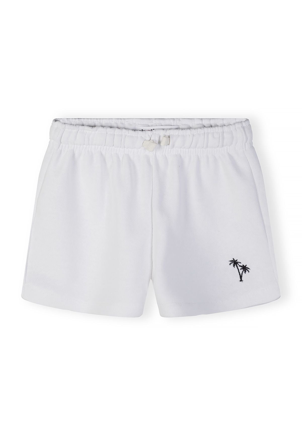 Girls white shorts with elastic waistband and palm tree embroidery, front view.