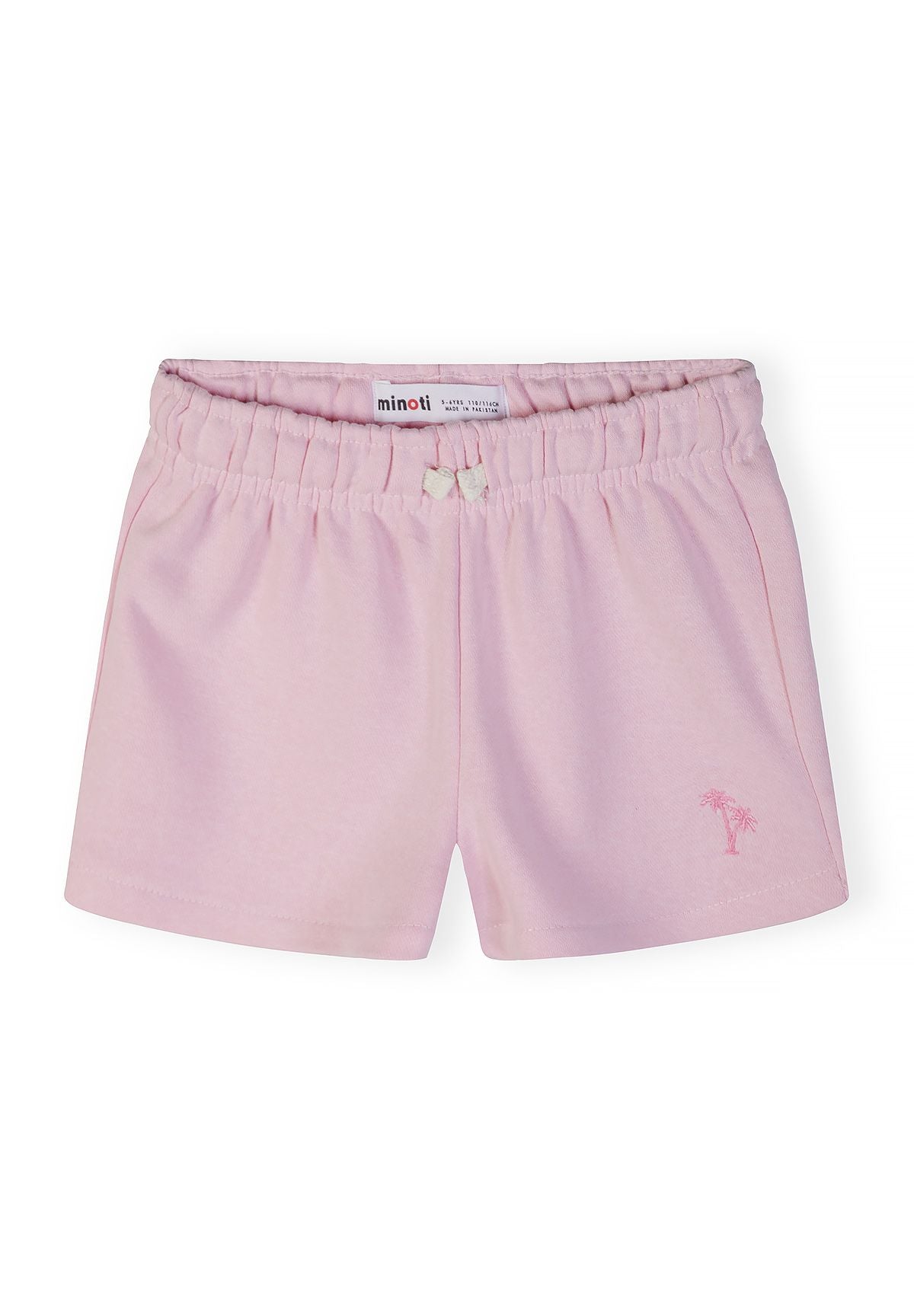 Girls' pink shorts with elastic waistband and palm tree embroidery, front view.