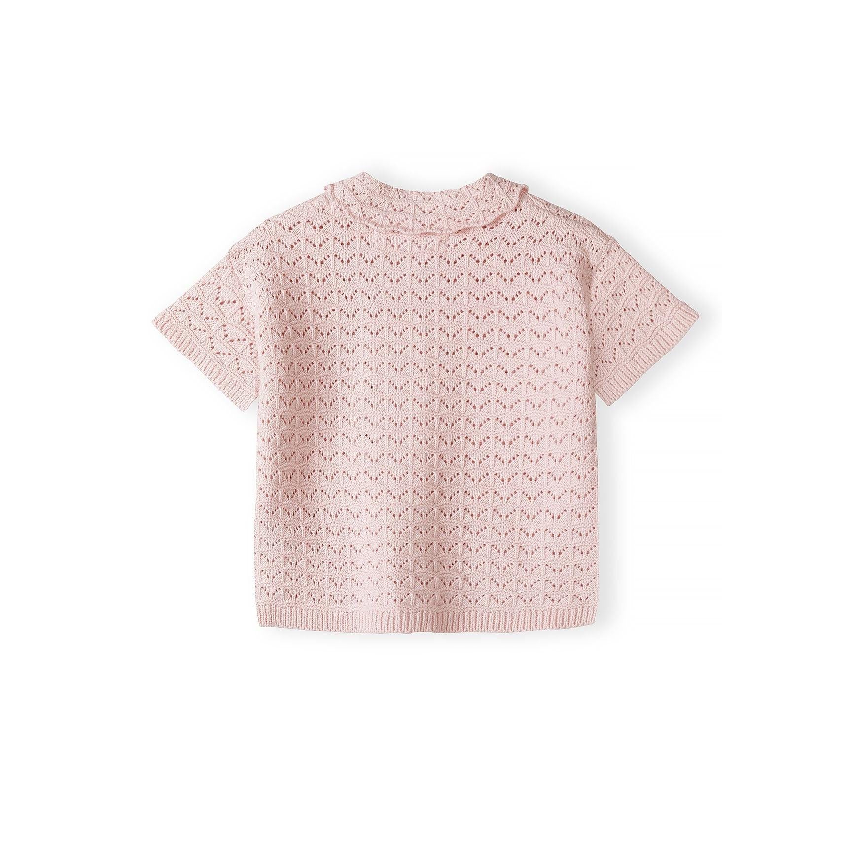 Blush pink pointelle knit cardigan with short sleeves displayed flat showing delicate openwork pattern and knitted texture
