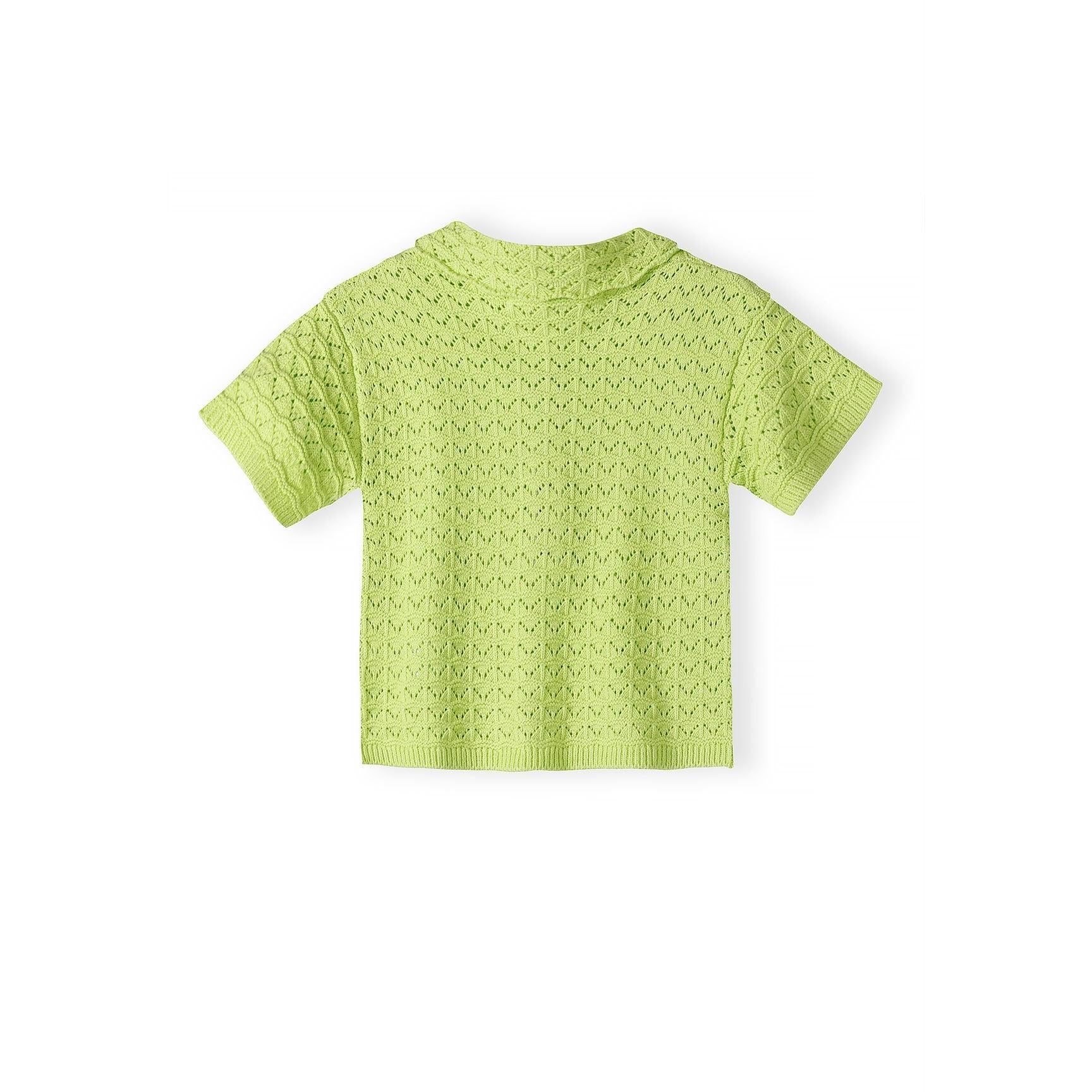 Back view of lime green pointelle knit short-sleeve top showing detailed textured stitch pattern and classic silhouette on white background