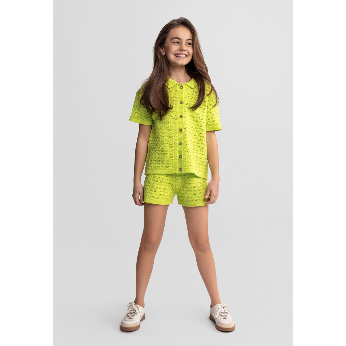 Girls' knitted shirt and shorts set in lime green — complete product view for square Shop card