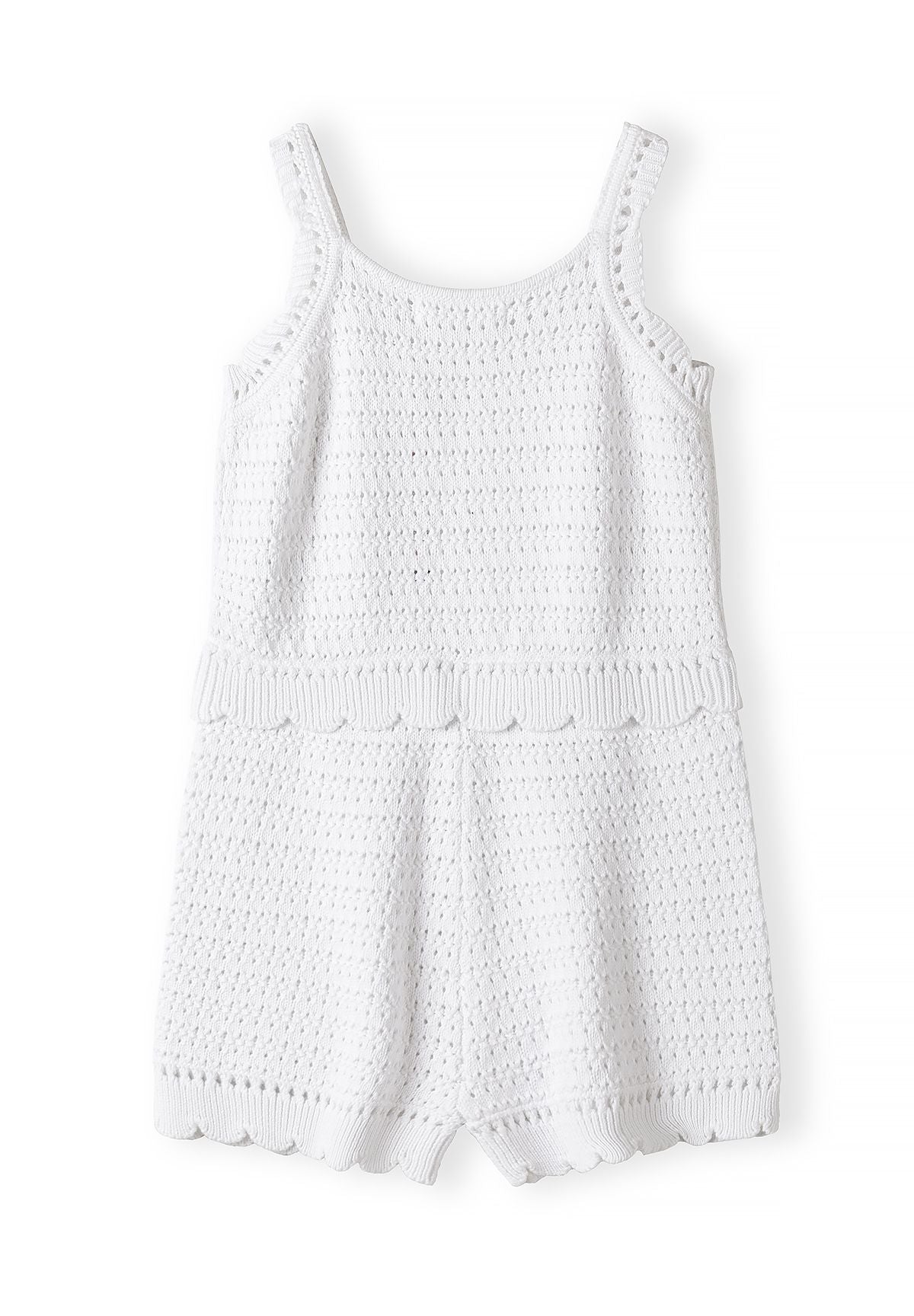 Pointelle Knit Romper, White, Scalloped Hem - 3