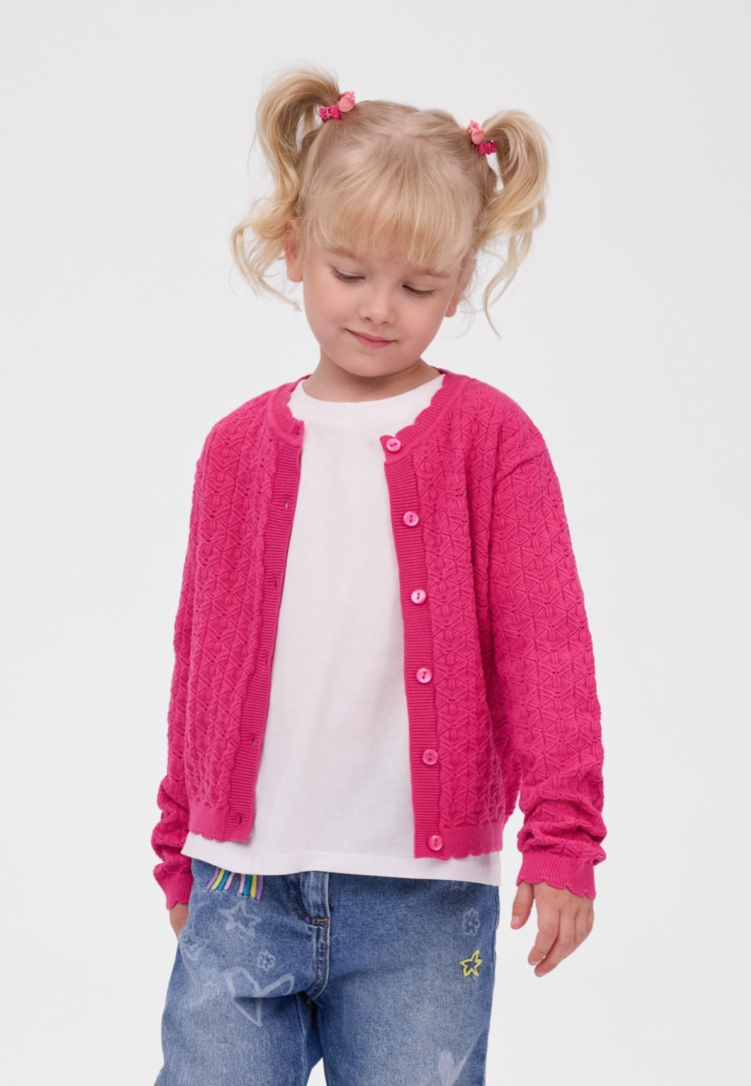 Diamond Knit Cardigan, Pink, Scalloped Trim - 1