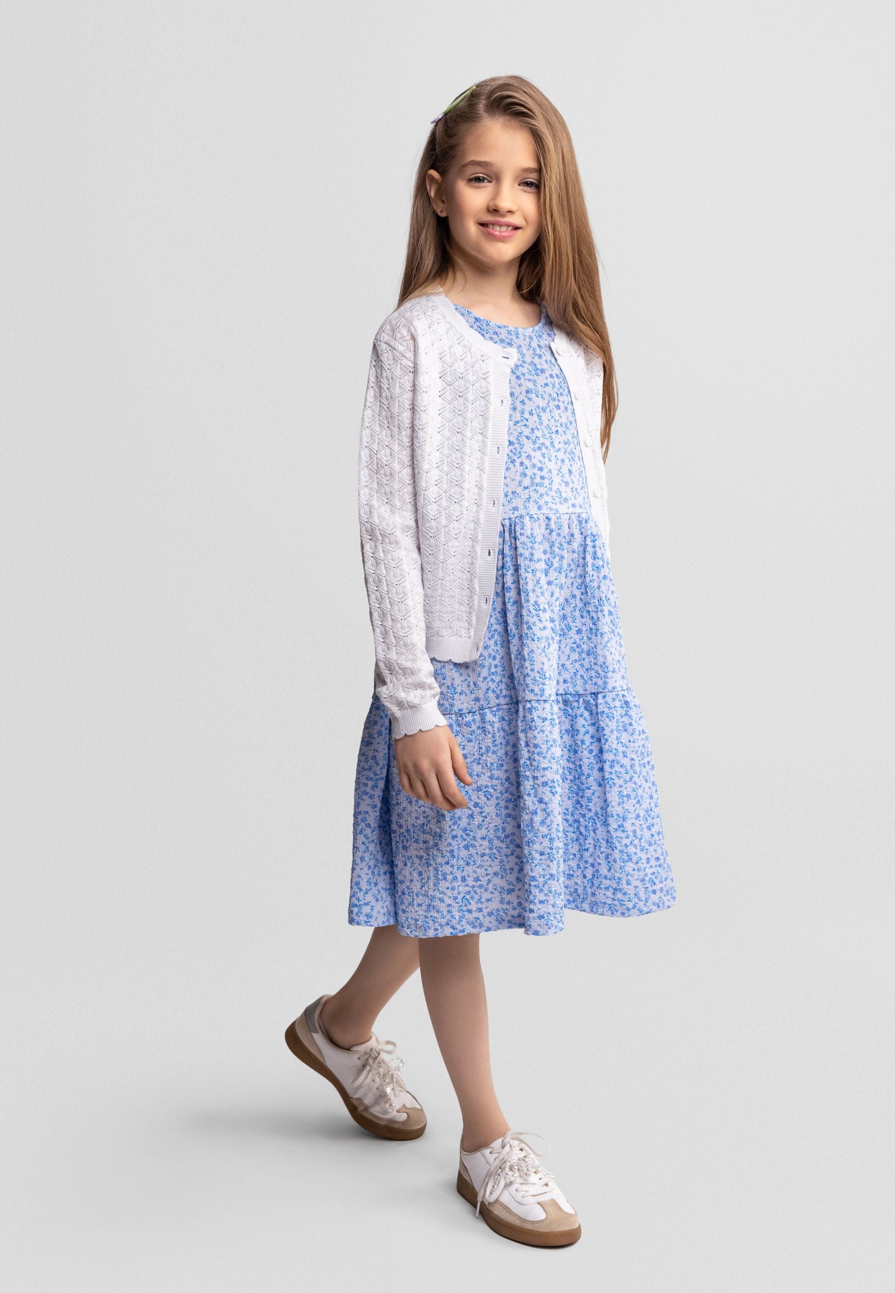 Wavy Pointelle Cardigan, White, Button-Front - 1