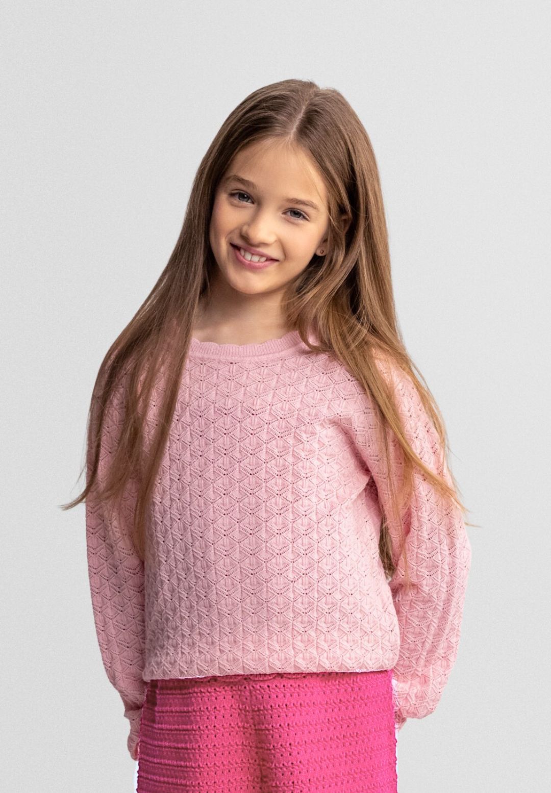 Wave Hem Jumper, Light Pink, Pointelle Knit - 1