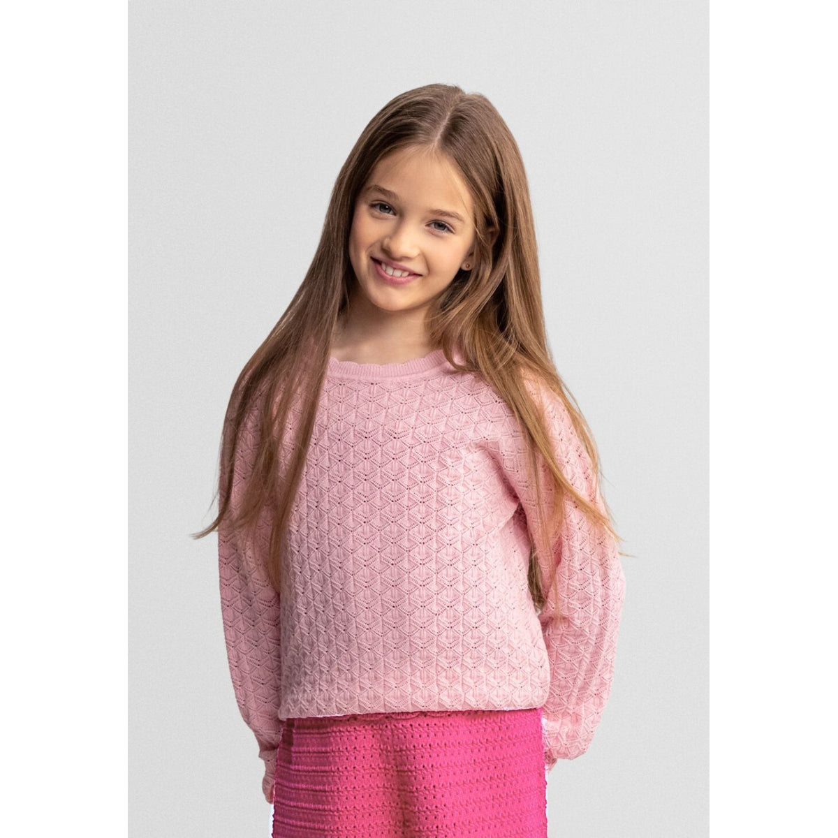 Girls' pointelle jumper in light pink — complete product view for square Shop card