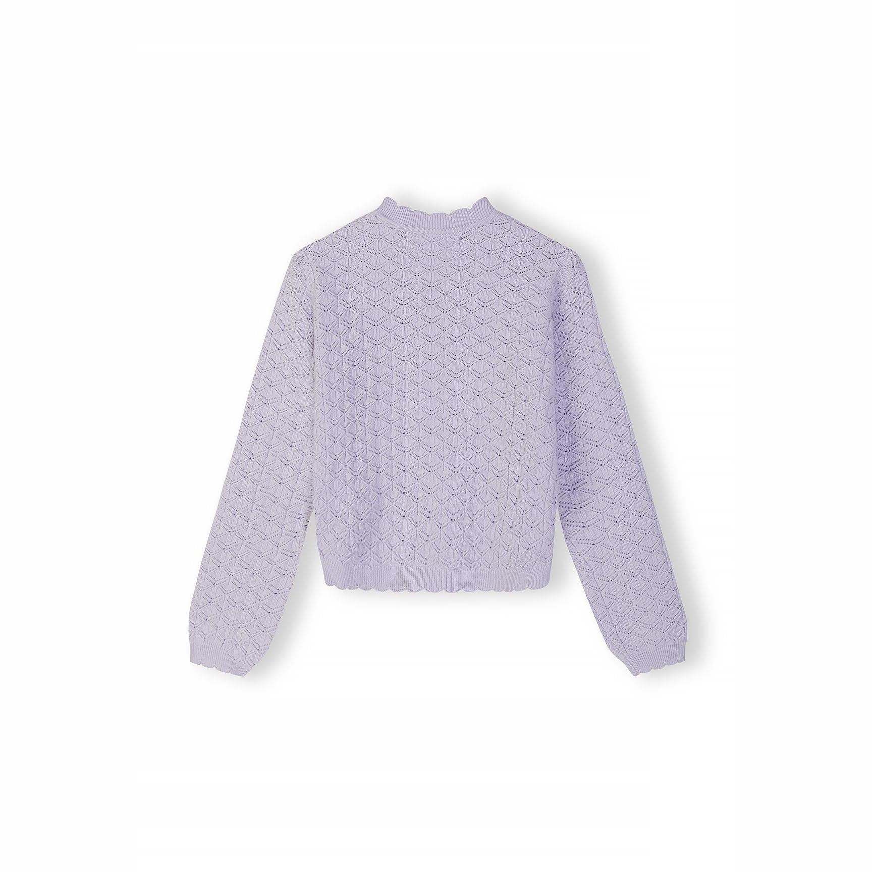 Flat lay of lilac knitted jumper showing diamond pointelle pattern texture and crew neck design on white background