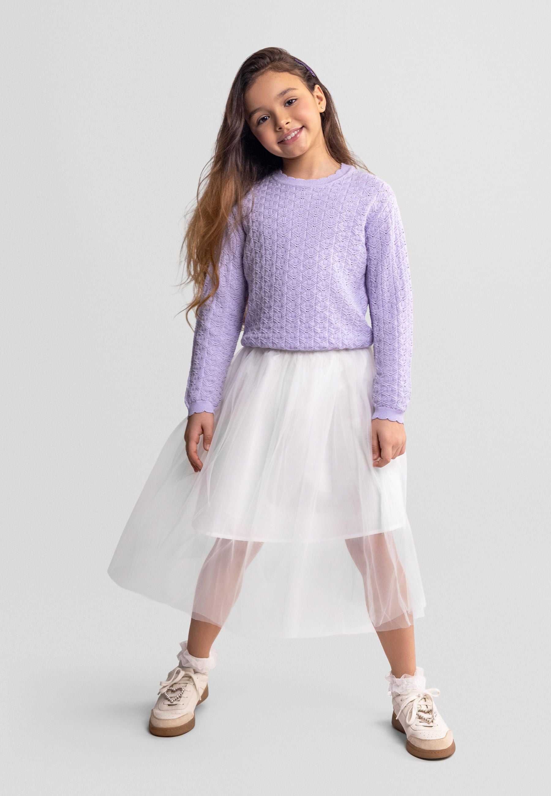 Diamond Pointelle Jumper, Lilac, Crew Neck - 1