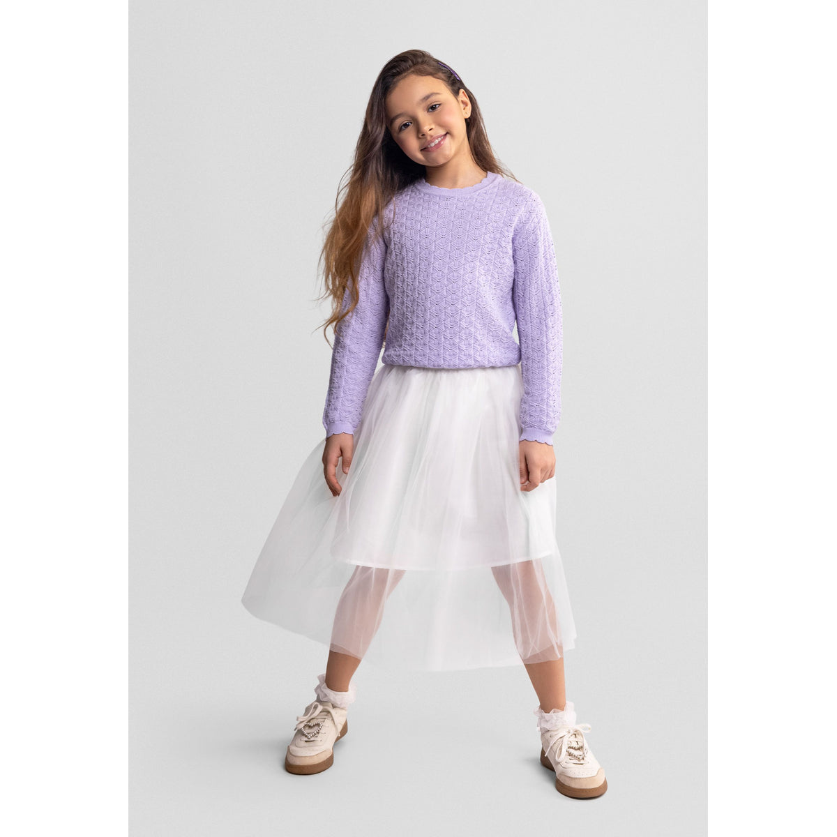 Girls' pointelle jumper in lilac — complete product view for square Shop card