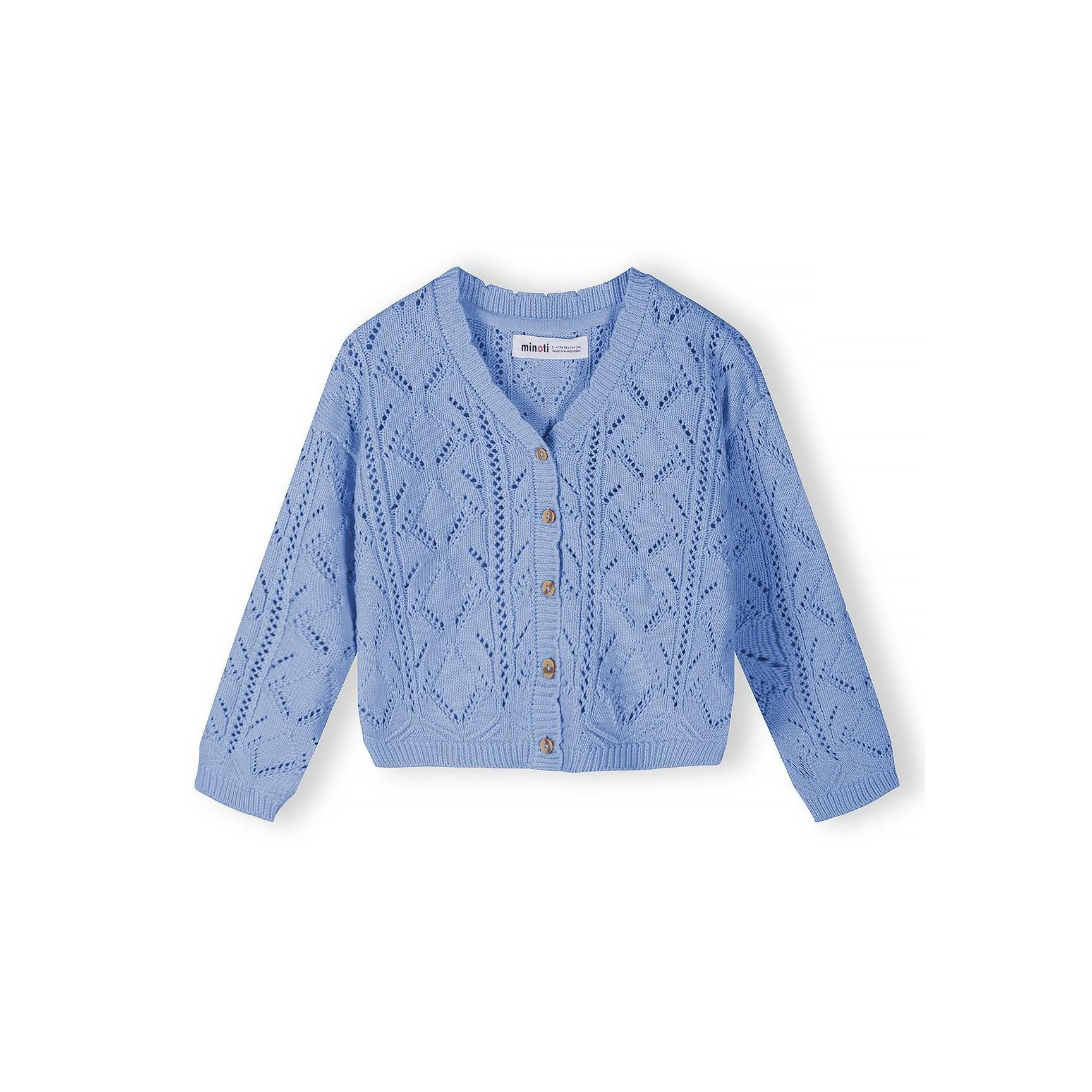 Light blue cotton pointelle cardigan with button-up front, featuring delicate openwork knit pattern, photographed flat against white background