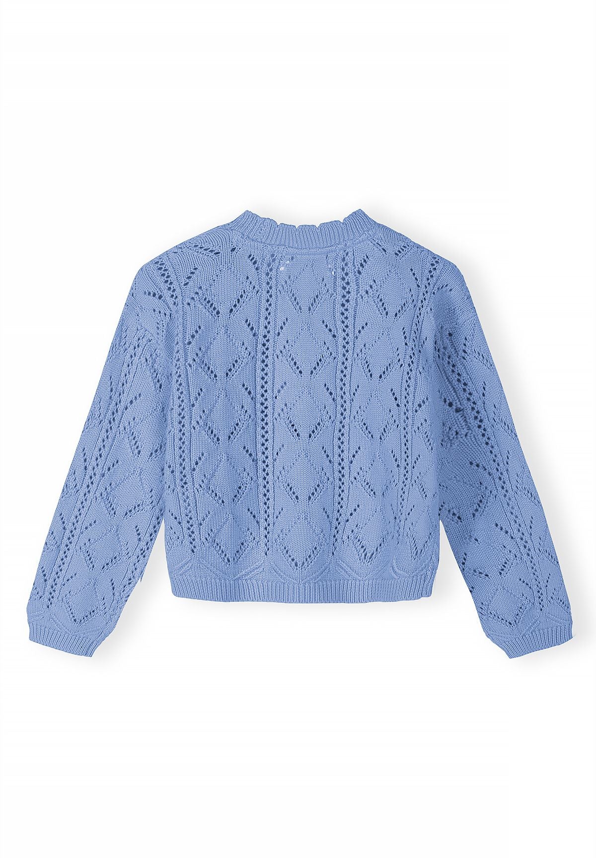 Light blue pointelle cardigan, back.