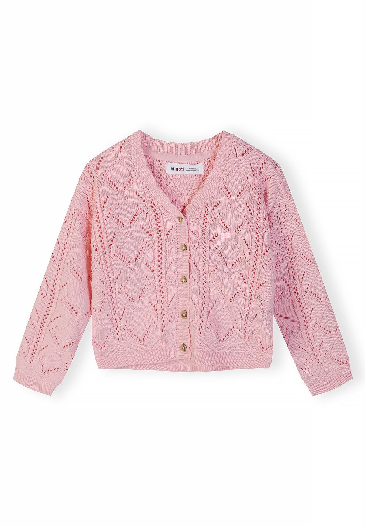 Light pink pointelle cardigan, front.