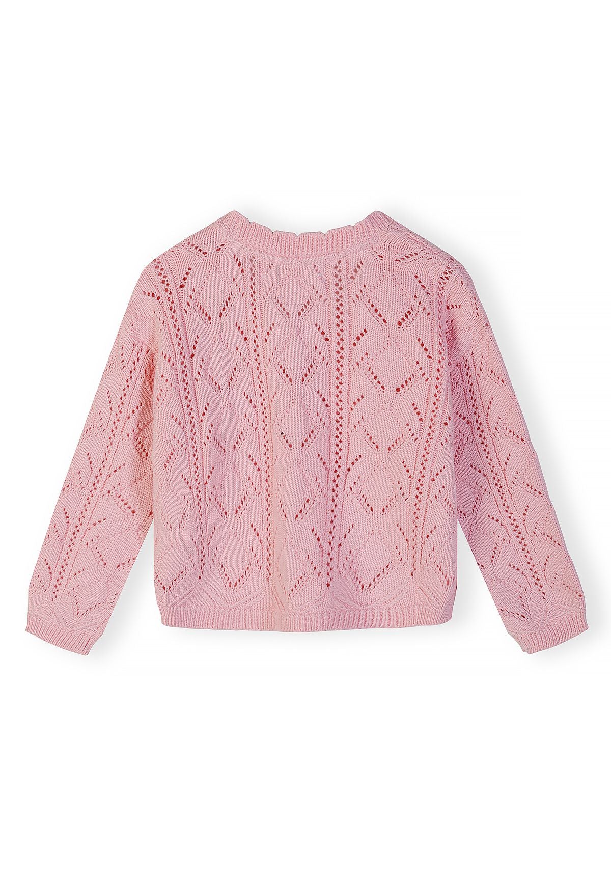 Girls pointelle knit cardigan in light pink, back view with detailed knit texture.