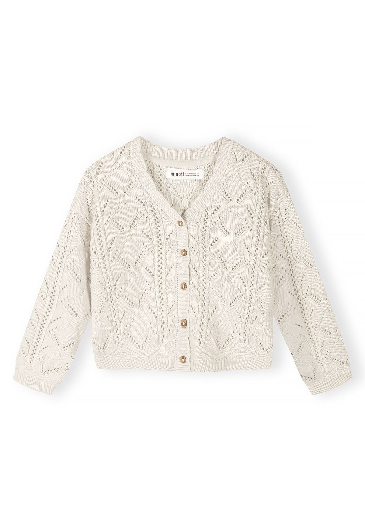 Girls white button front cardigan with long sleeves and pointelle knit detail.