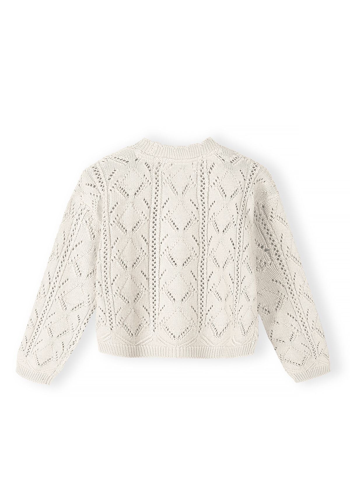 Girls white button front cardigan, back view, featuring delicate pointelle knit.