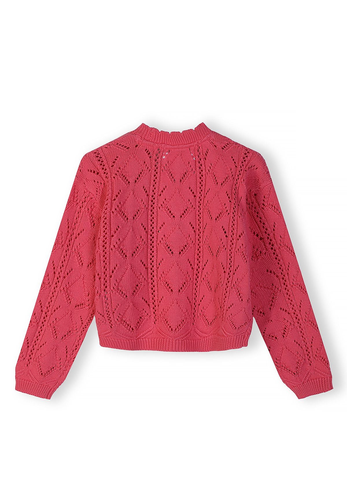 Girls pink pointelle cardigan, back view, featuring detailed knitting and long sleeves.