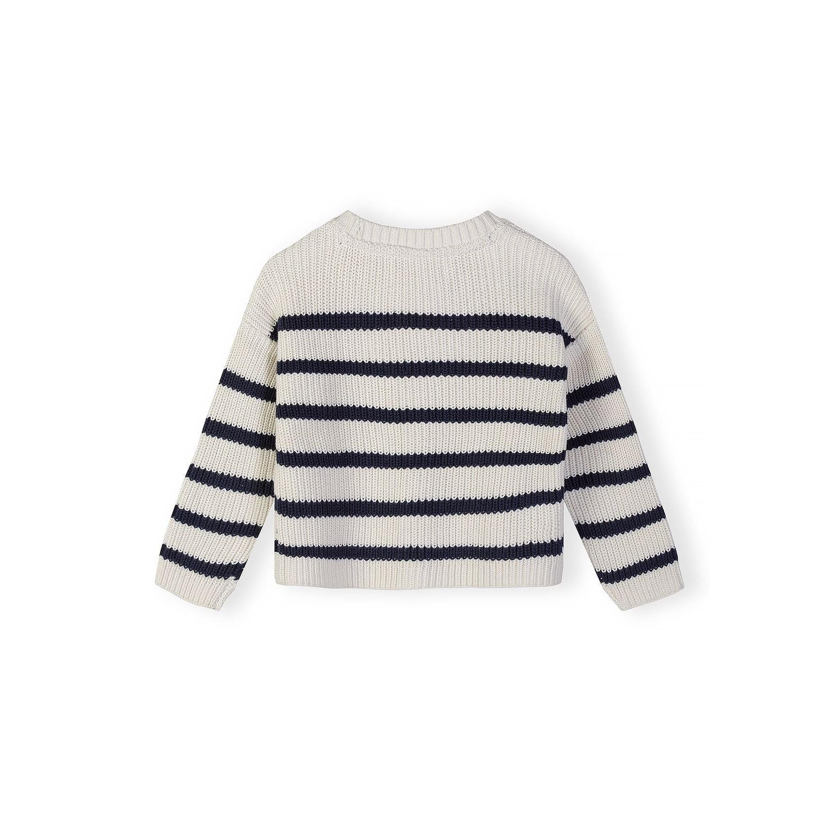 Back view of white and navy striped cardigan showing horizontal stripe pattern and ribbed crew neck on white background