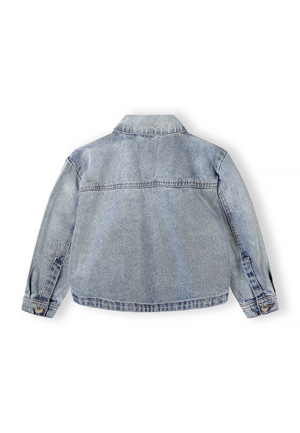 Back view of a girls' blue denim jacket with a traditional collar and buttoned cuffs.