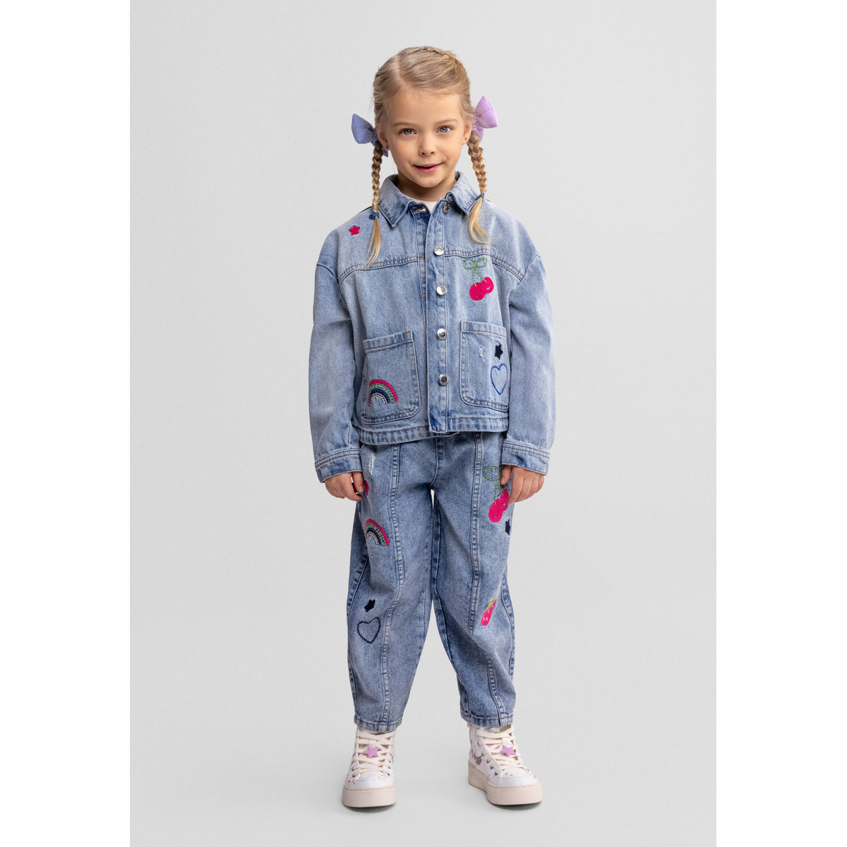 Girls' embroidered pull-on jeans in light blue — complete product view for square Shop card