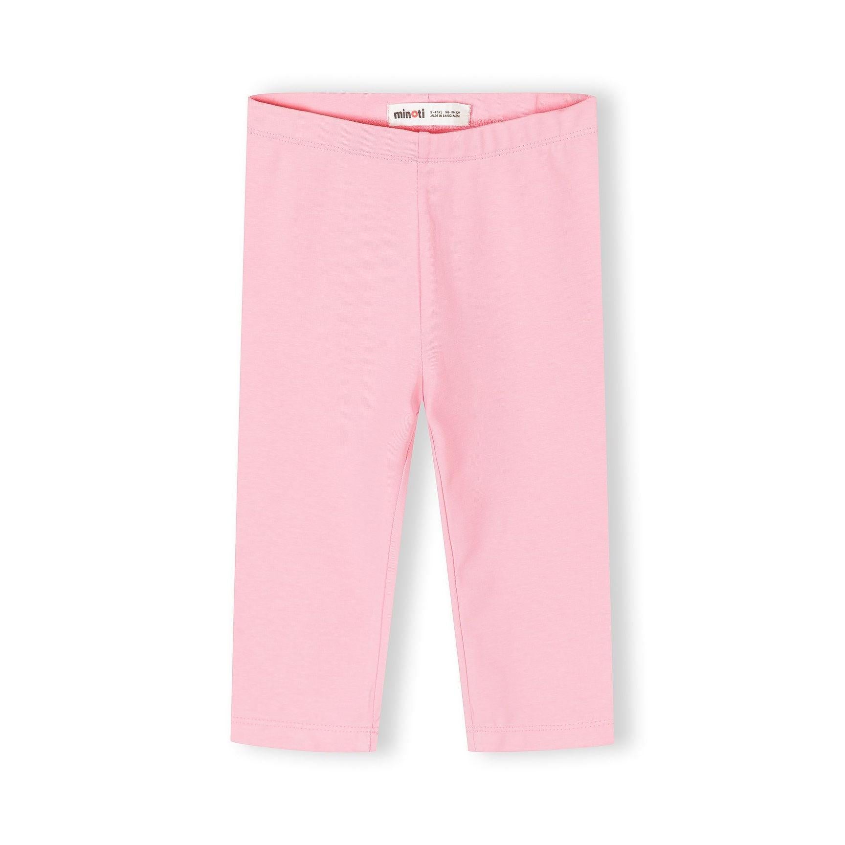 Single pink capri leggings laid flat showing full length and Minoti label at waistband against white background