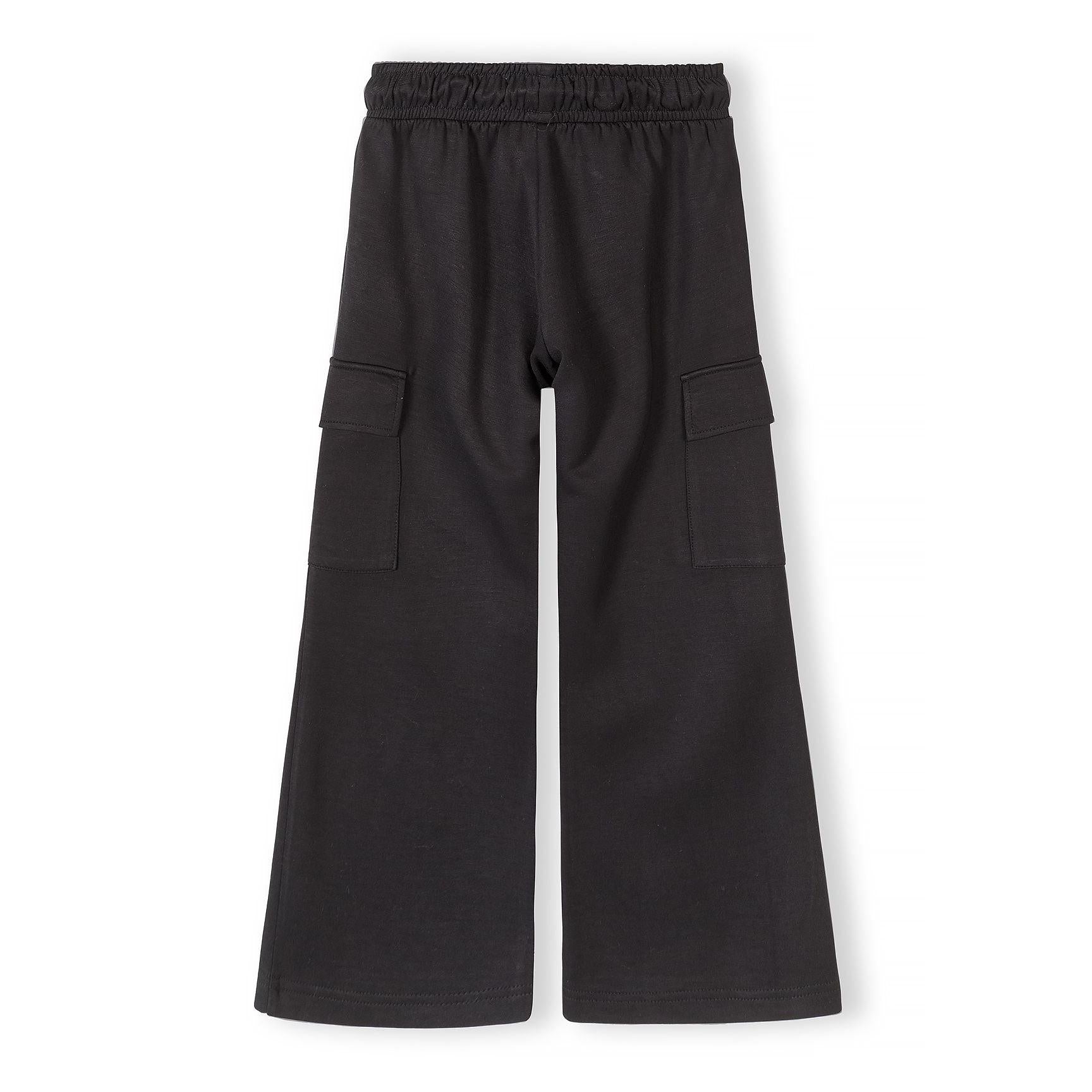 Close-up detail of black joggers showing elasticated waistband with black drawstring and cargo pocket with flap closure