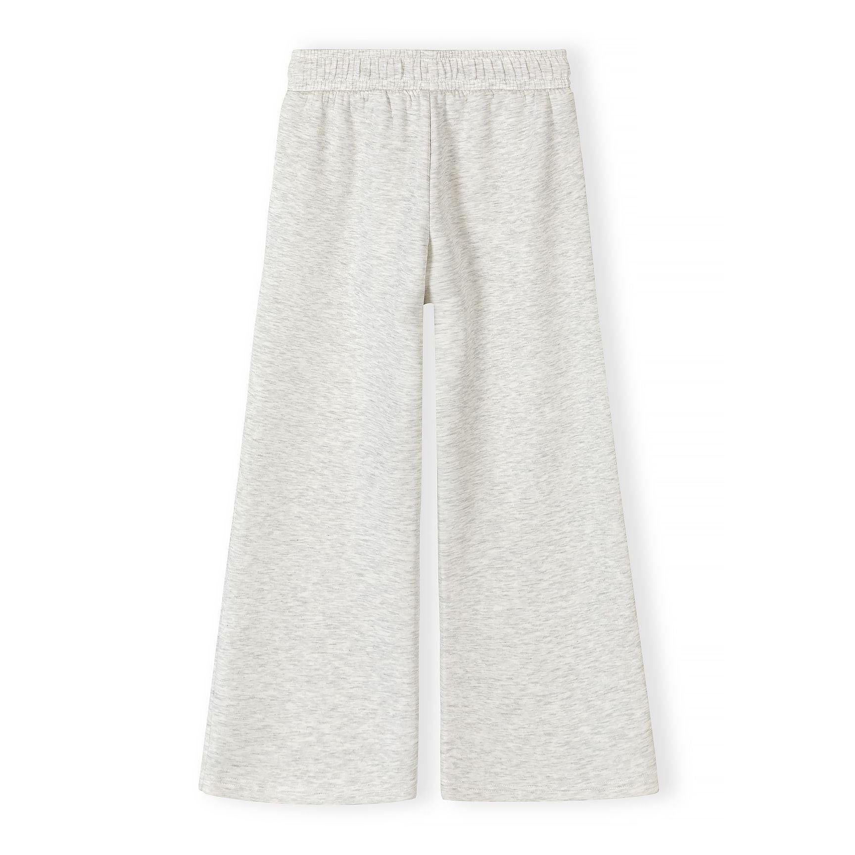 Flat lay view of mottled grey wide leg joggers showing full length and relaxed silhouette against white background