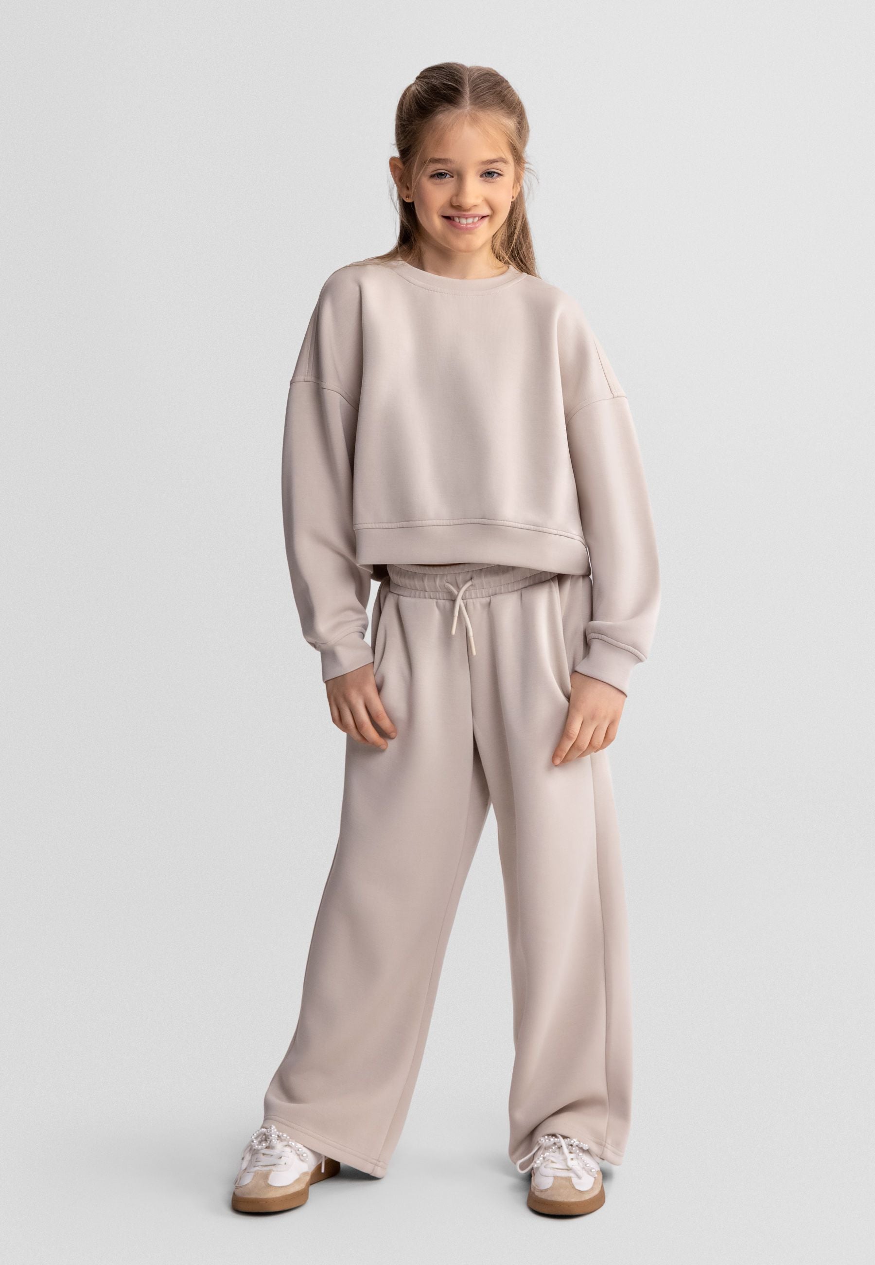 Wide Leg Joggers, Drawstring Waist, Beige - 1