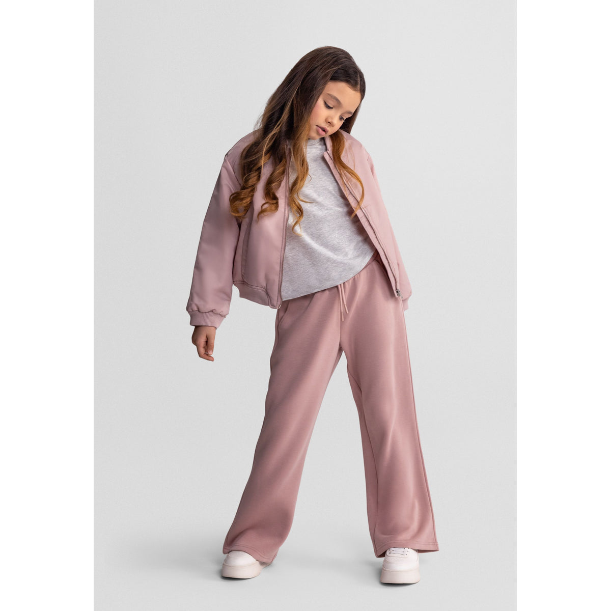 Girls' wide-leg drawstring trousers in dusty pink — complete product view for square Shop card