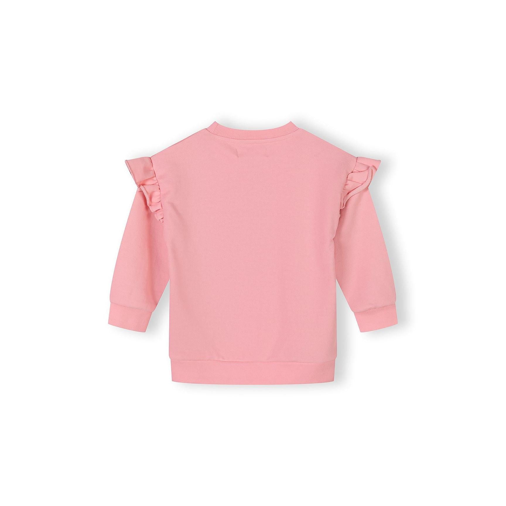 Close-up detail of pink sweatshirt showing cherry graphic with striped background and 'too sweet' text