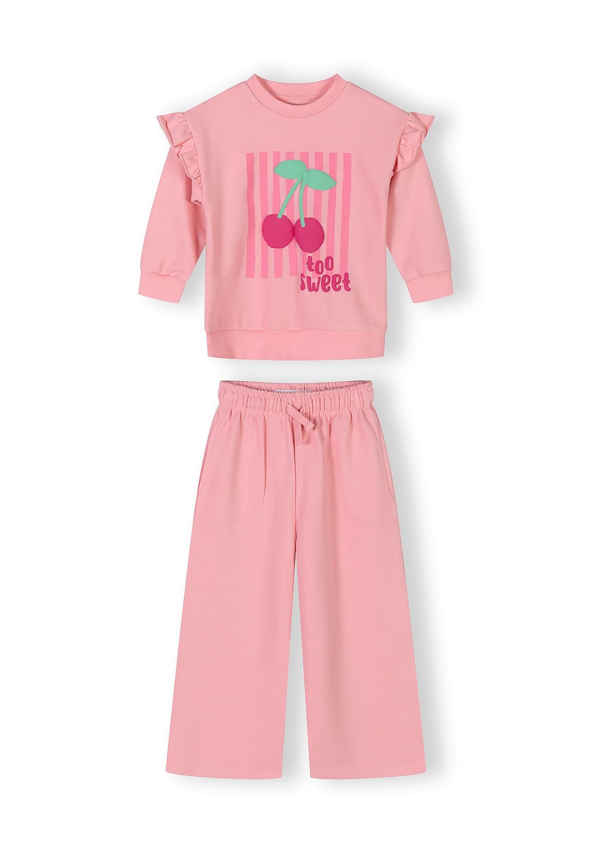 Frill Sleeve Tracksuit Set, Cherry Print, Pink - 2