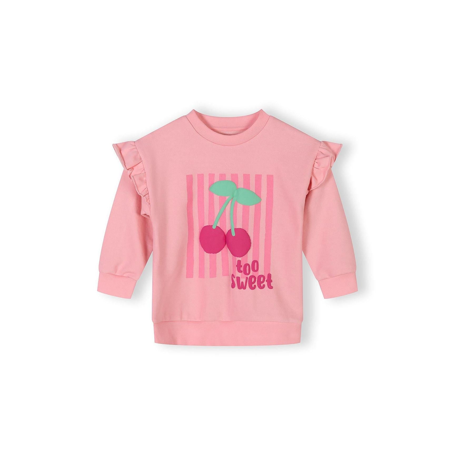 Pink sweatshirt with ruffle sleeves and cherry 'too sweet' print displayed flat against white background
