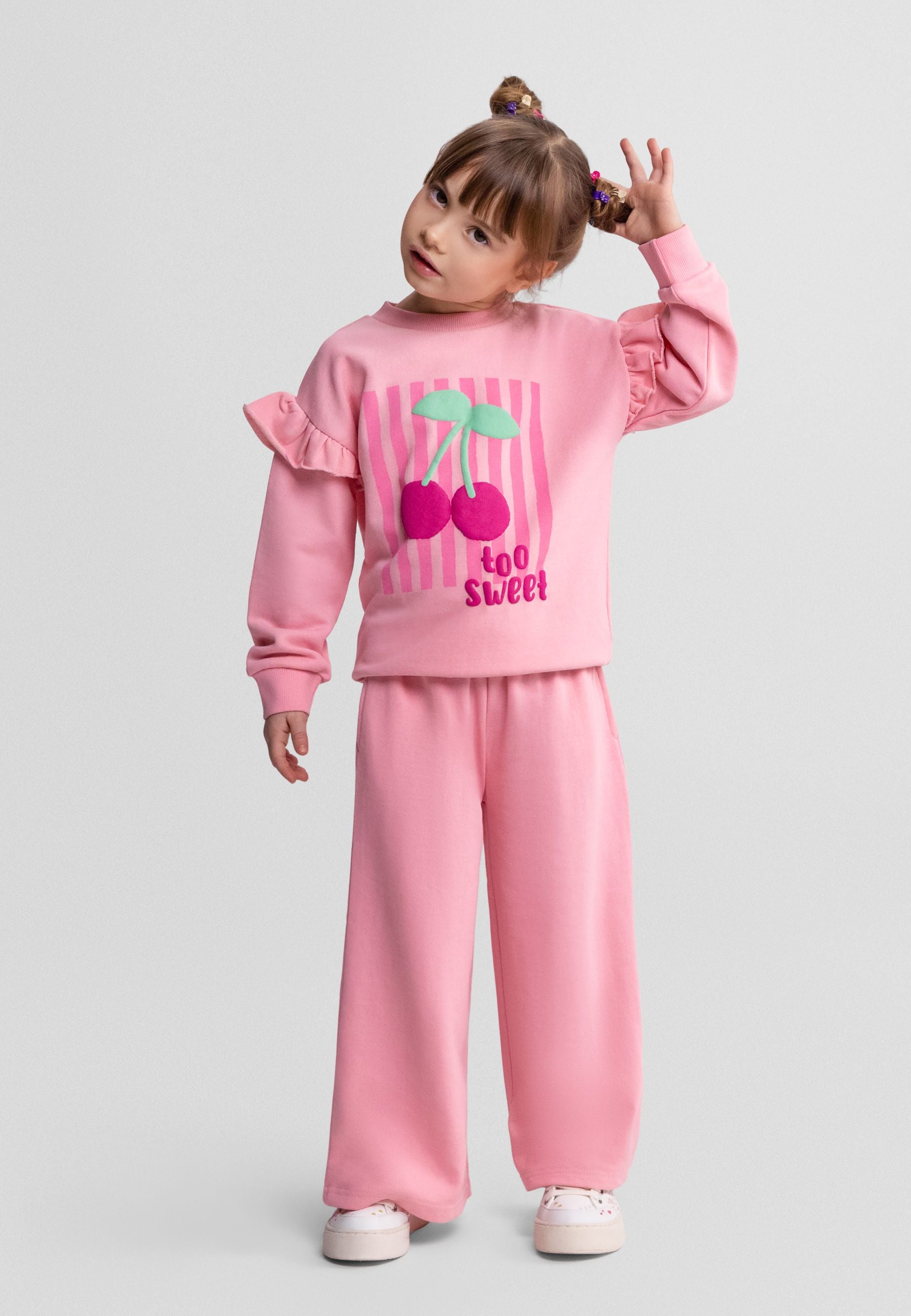 Frill Sleeve Tracksuit Set, Cherry Print, Pink - 1
