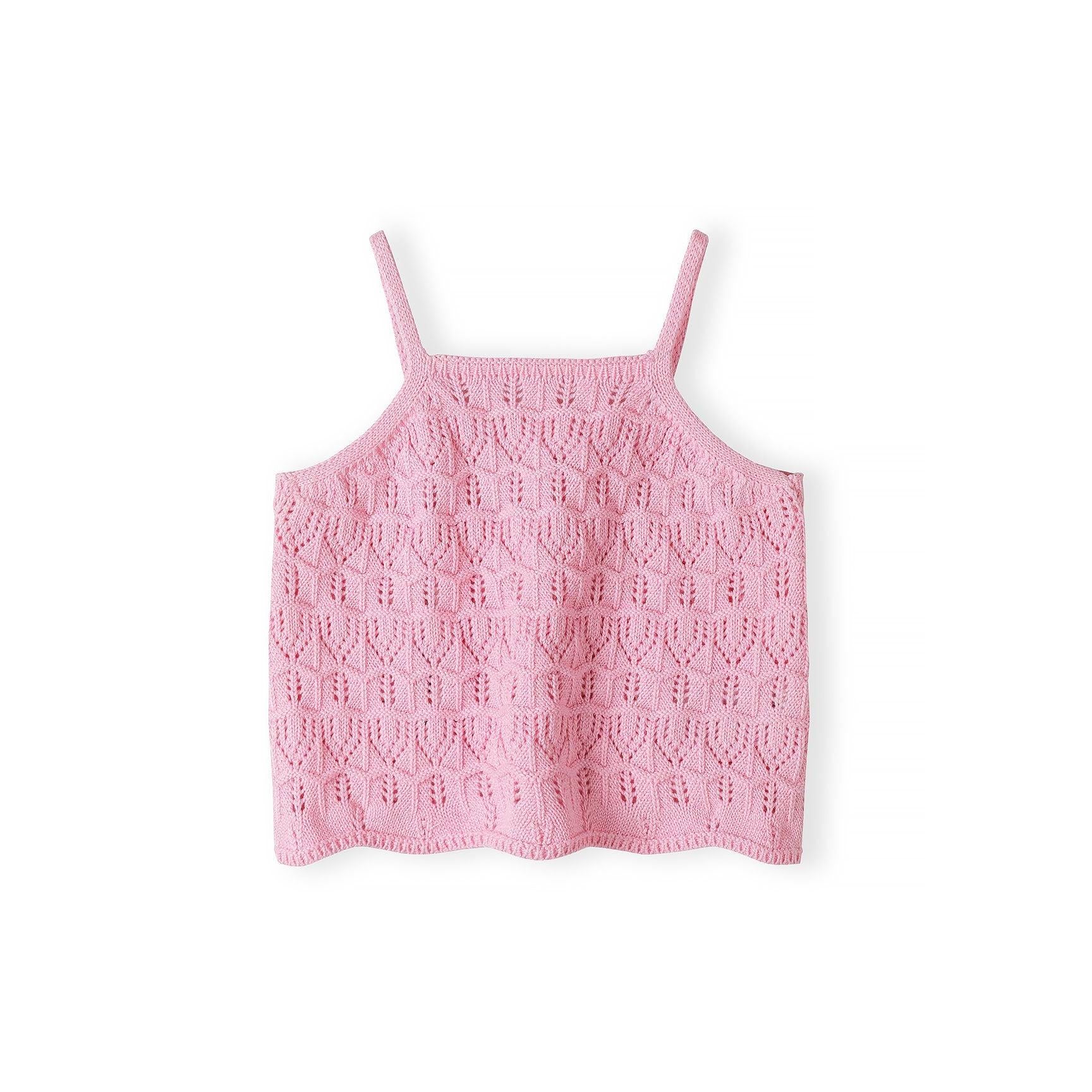 Close-up detail of pink crochet fabric showing intricate openwork stitch pattern with ribbed trim at top edge