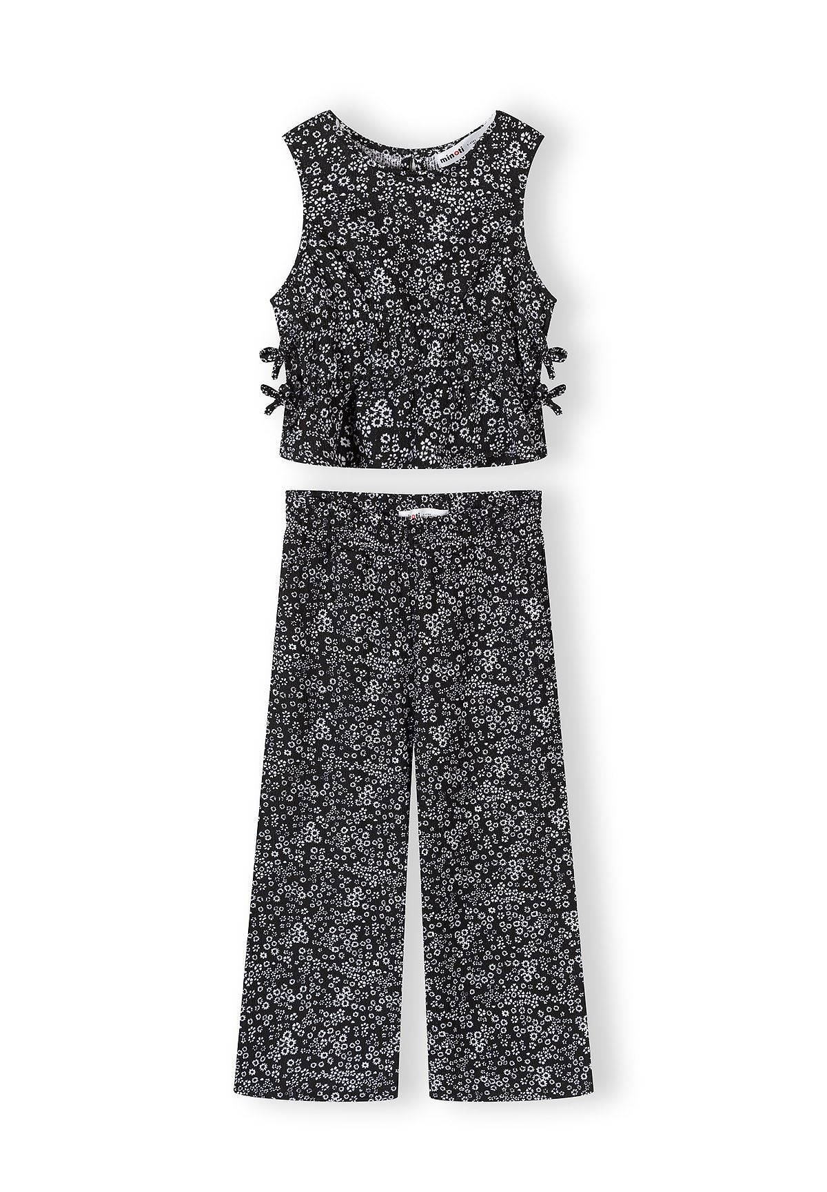 Side-Tie Top & Wide-Leg Trousers Set, Floral Print, Black - 1