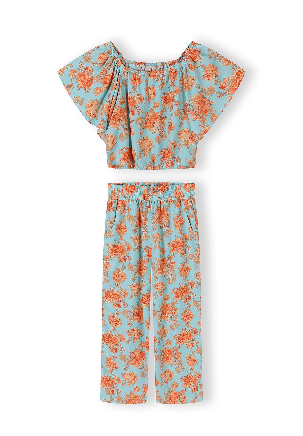 Co-ord Set, Floral Print, Light Blue Orange - 2