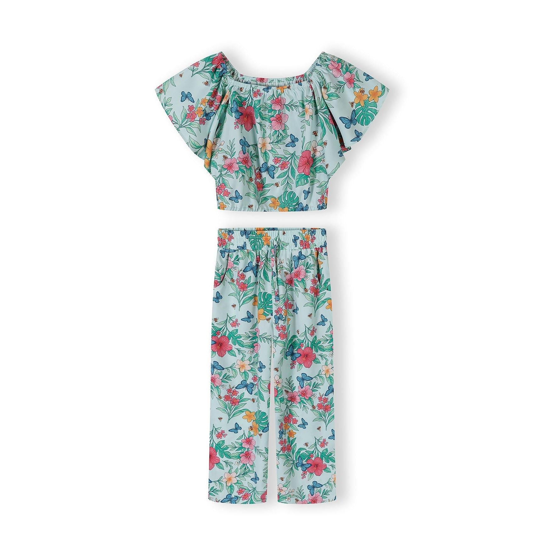 Mint tropical print flutter sleeve top laid flat showing hibiscus flowers and butterfly pattern on soft viscose fabric