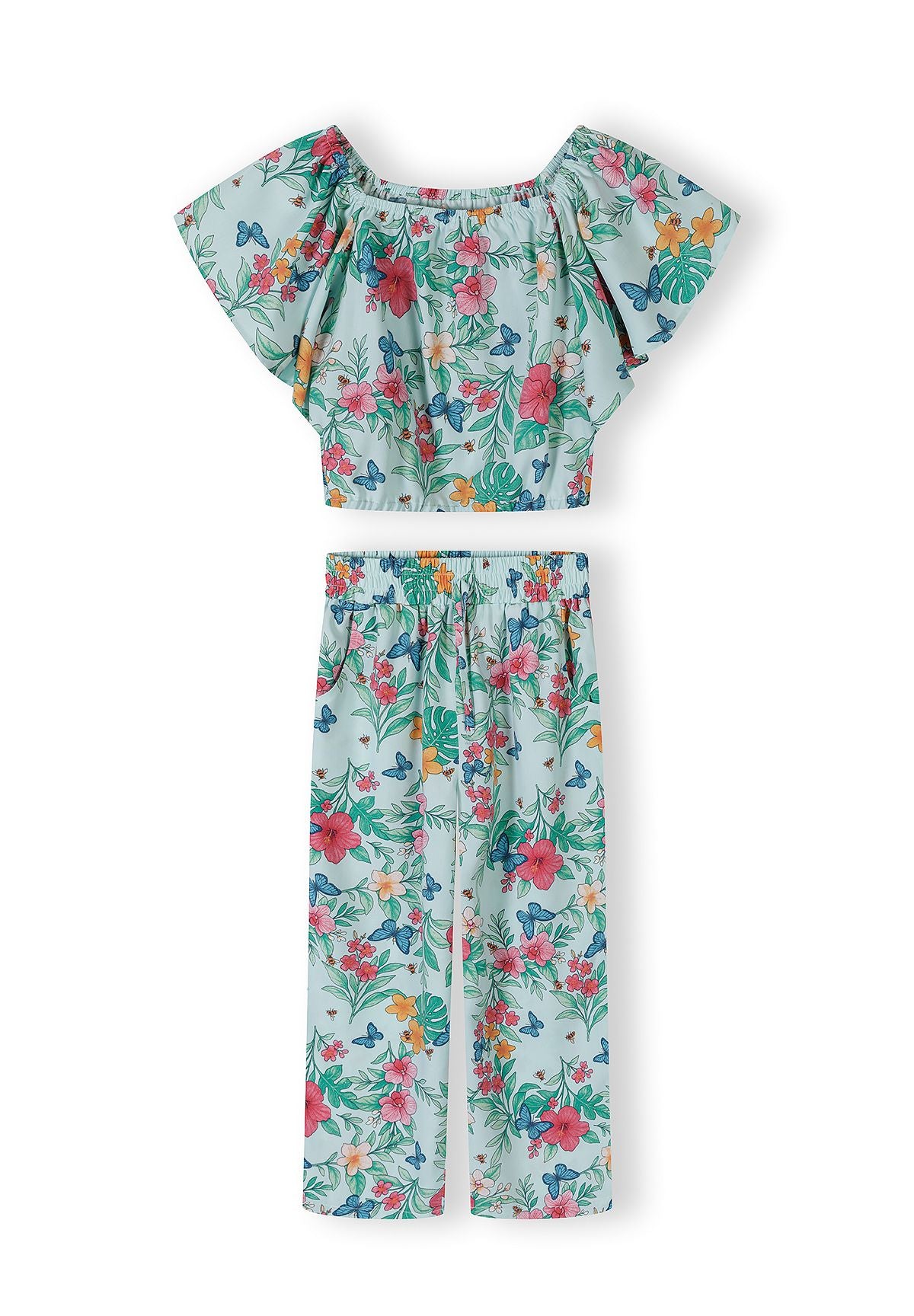 Tropical Print Crop Top & Wide Leg Trouser Set, Mint - 2