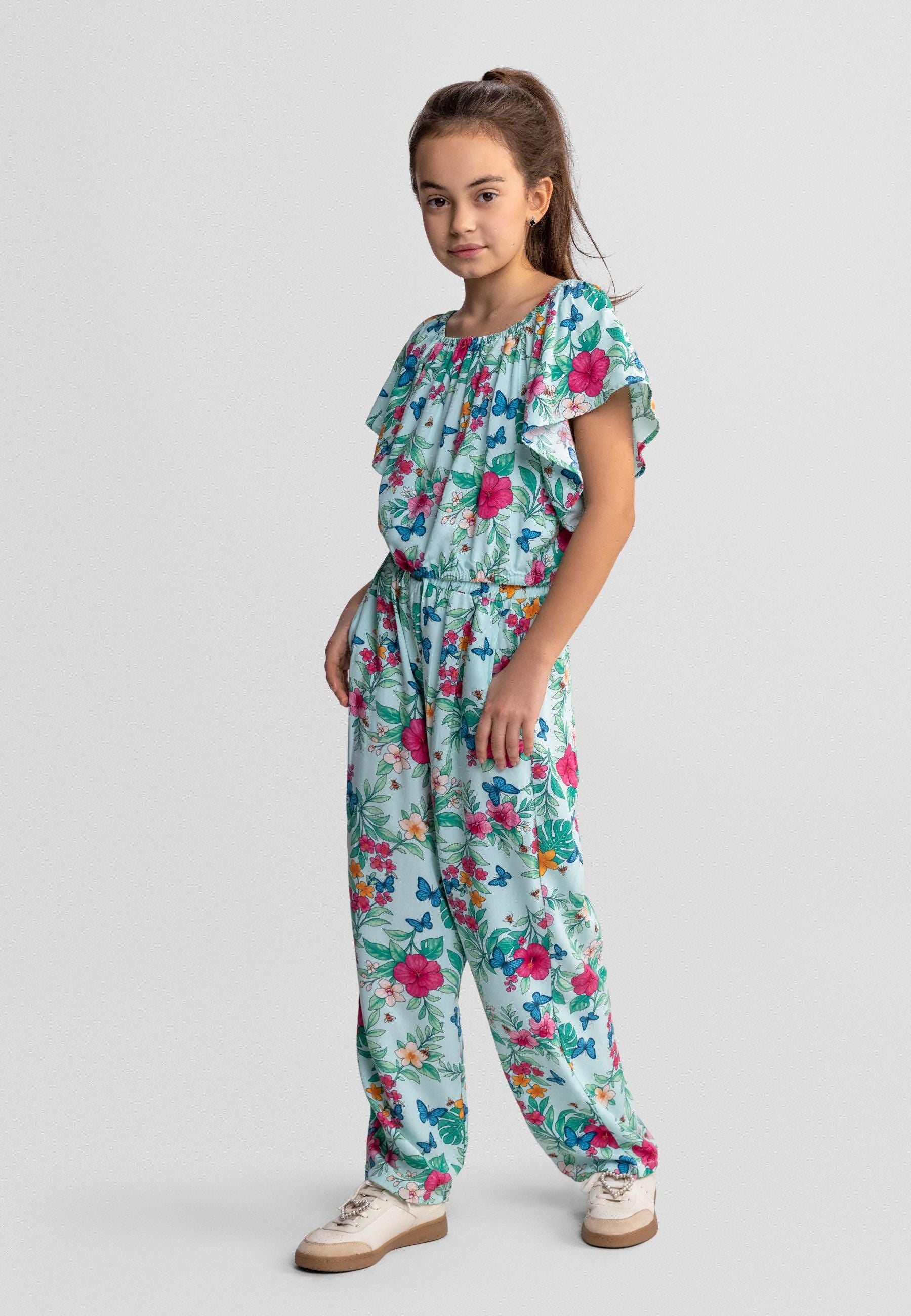 Tropical Print Crop Top & Wide Leg Trouser Set, Mint - 1