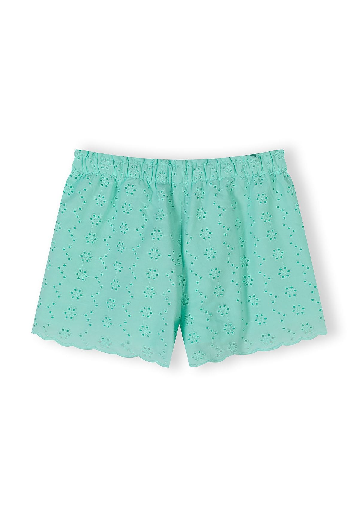 Close-up detail of mint green fabric showing delicate broderie anglaise embroidery pattern with small circular cutout designs