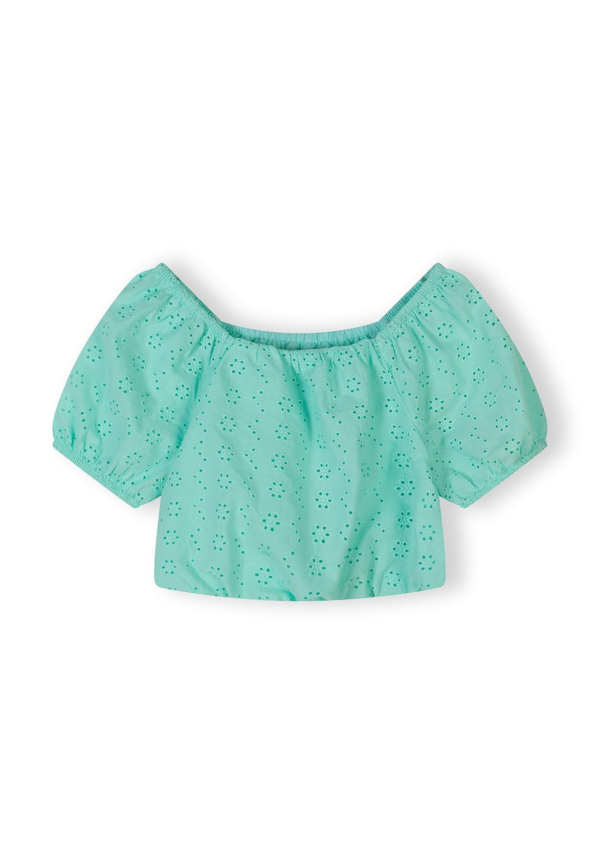 Close-up detail of mint green fabric showing delicate broderie anglaise embroidery pattern with small circular cutout designs