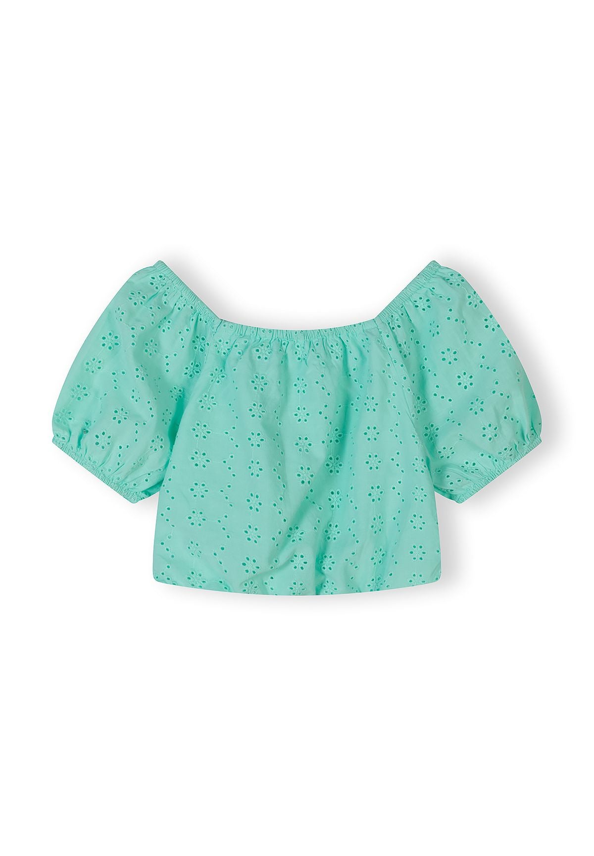 Mint green embroidered crop top laid flat showing off-shoulder design with puffed sleeves and broderie anglaise detailing on white background