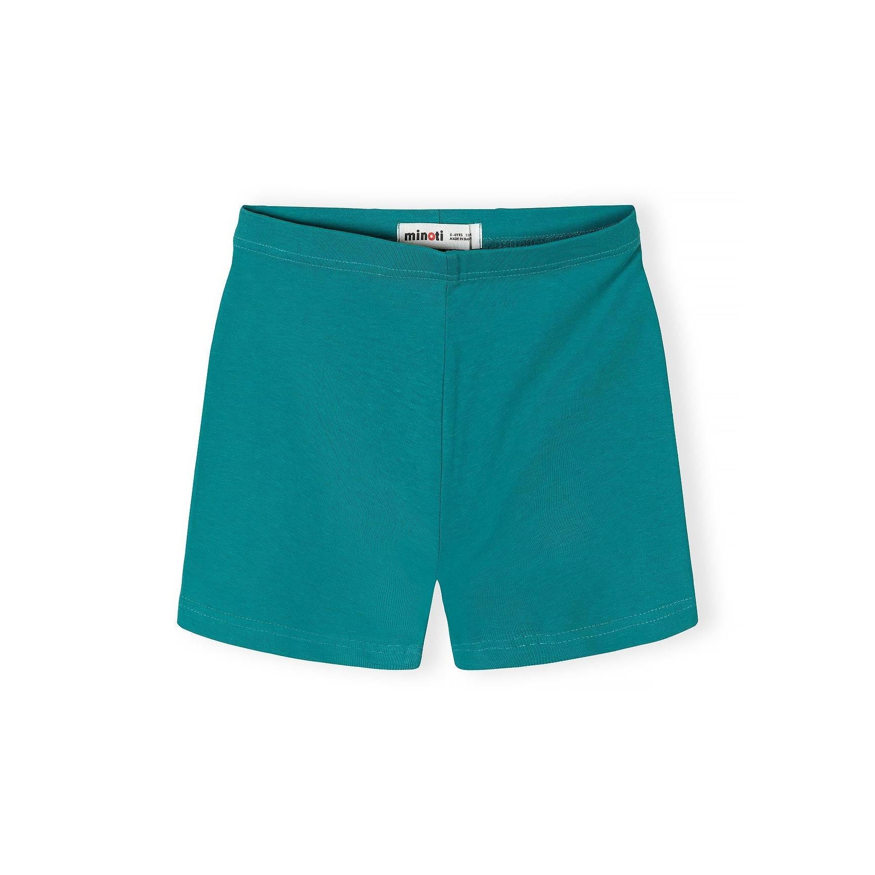 Teal cycling shorts laid flat showing Minoti brand label and ribbed waistband construction on white background